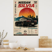 富士山を背景にした日本のスポーツカーのビンテージポスター ポスター (キッチン)