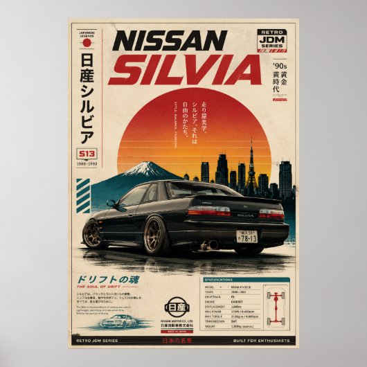 富士山を背景にした日本のスポーツカーのビンテージポスター ポスター (正面)