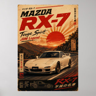 富士山を背景にした日本のスポーツカーのビンテージポスター ポスター