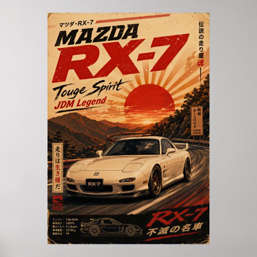 富士山を背景にした日本のスポーツカーのビンテージポスター ポスター (正面)