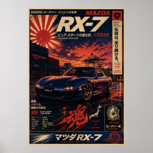 富士山を背景にした日本のスポーツカーのビンテージポスター ポスター (正面)