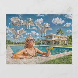 富裕な女性が飛んでいる牛をプールで見る シーズンポストカード