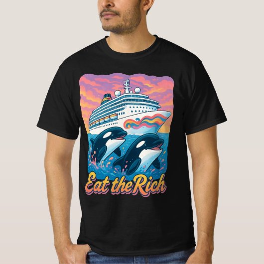 富裕層を食えシャチ 90年代シャチクジラ動物ヨット Tシャツ (正面)