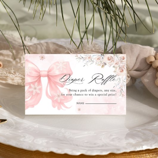 寒い外の冬のピンクの弓おむつラッフル エンクロージャーカード