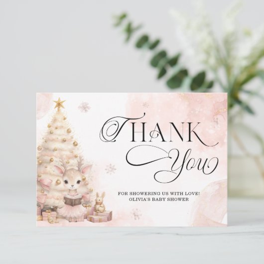 寒い外ピンクの冬の赤ちゃんシャワーありがとう カード (スタンド正面)