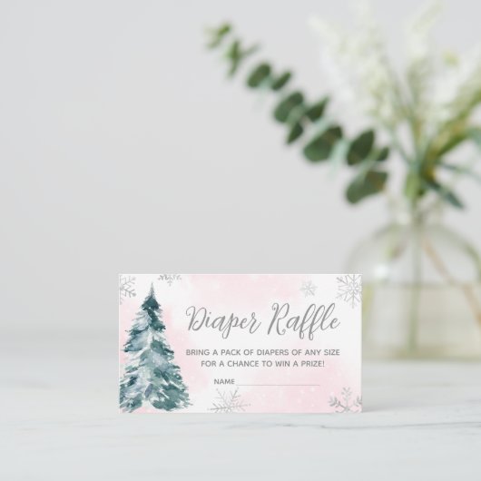 寒い外ピンク冬の赤ちゃんシャワーおむつラッフル エンクロージャーカード (スタンド正面)