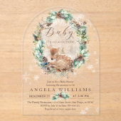 寒い屋外ブルーウィンターフローラ鹿ベビーシャワー アクリル招待状 (正面)