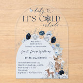 寒い屋外ブルーウィンターフローラ鹿ベビーシャワー アクリル招待状 (正面)