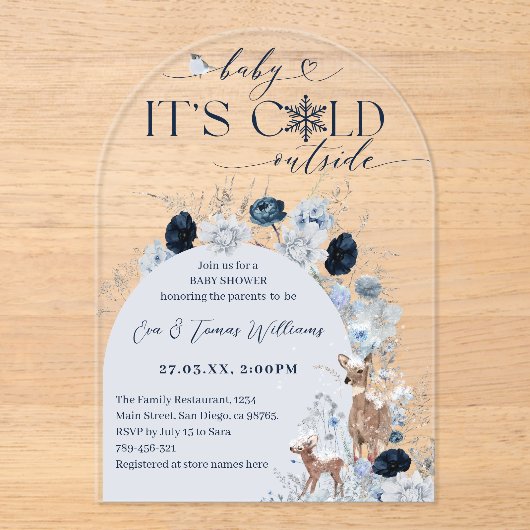 寒い屋外ブルーウィンターフローラ鹿ベビーシャワー アクリル招待状 (正面)