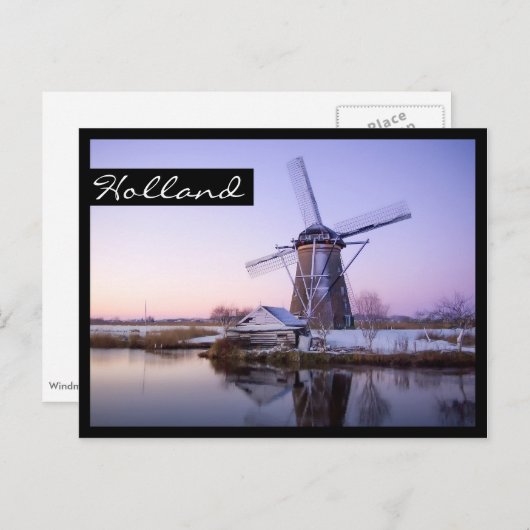 寒い日の出の風車、オランダの枠はがき ポストカード (正面/裏面)