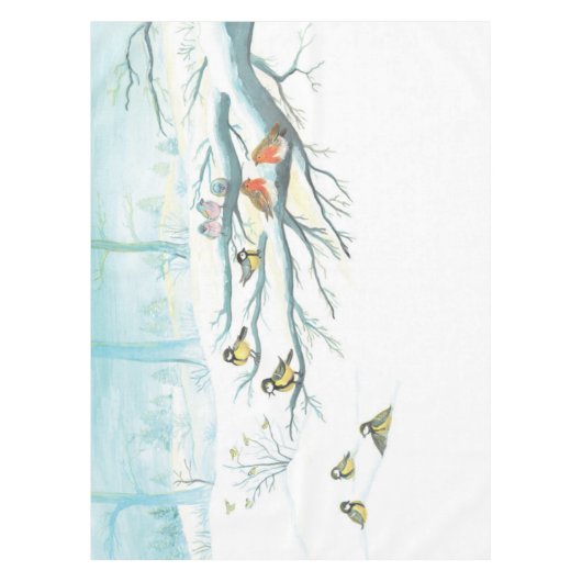 寒い晴れた日に雪の多い森の中で冬の鳥 テーブルクロス (正面)