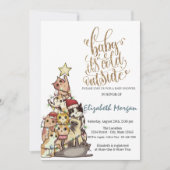 寒い水彩画の松の木と猫のベイビーシャワー 招待状 (正面)