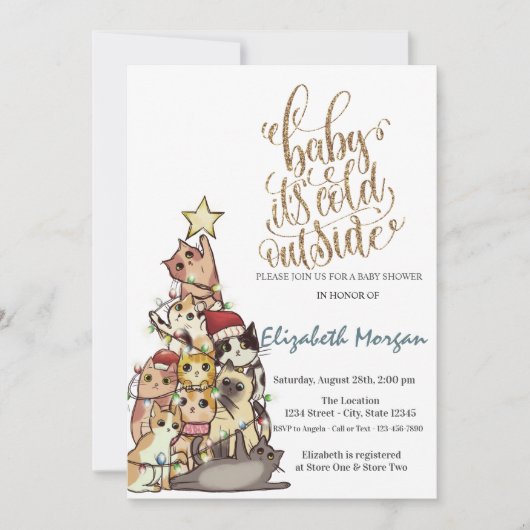 寒い水彩画の松の木と猫のベイビーシャワー 招待状 (正面)