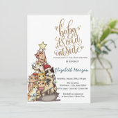 寒い水彩画の松の木と猫のベイビーシャワー 招待状 (スタンド正面)