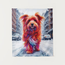 寒い雪に覆われた都市夕べのホームレス犬 タペストリー