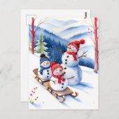 寒い雪の日のクリスマス雪だるま ポストカード (正面/裏面)