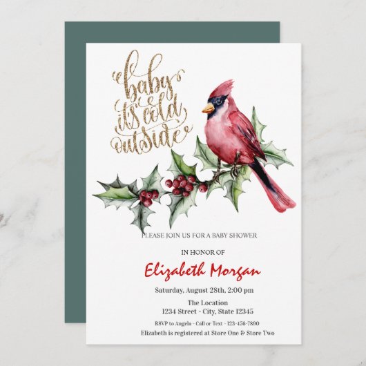 寒い 赤いアメリカカーディナル ホーリーベリー  ベビーシャワー   招待状 (正面/裏面)