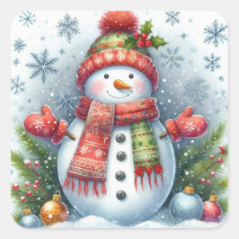 寒さと雪の上のクリスマス雪だるま スクエアシール