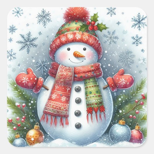 寒さと雪の上のクリスマス雪だるま スクエアシール (正面)