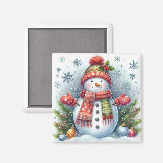 寒さと雪の上のクリスマス雪だるま マグネット (正面/裏面)