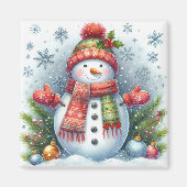 寒さと雪の上のクリスマス雪だるま マグネット (正面)