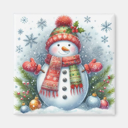 寒さと雪の上のクリスマス雪だるま マグネット (正面)