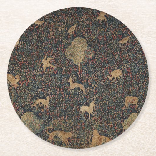 寓意的なミルフルール動物とのタペストリー ラウンドペーパーコースター (正面)