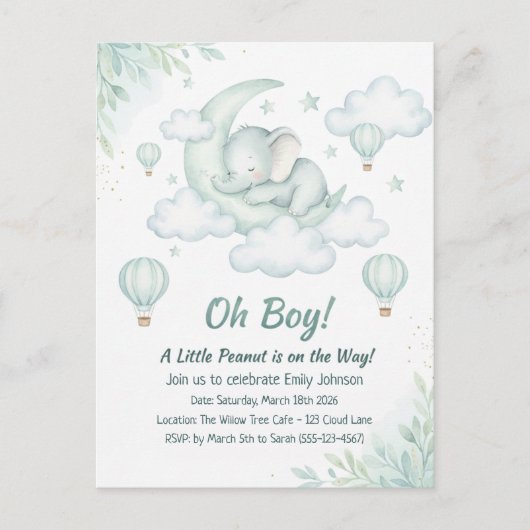寝ているベビー象と赤ちゃんシャワー招待 ポストカード (正面)