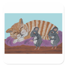 寝ている猫とうしろをとおるねずみ 