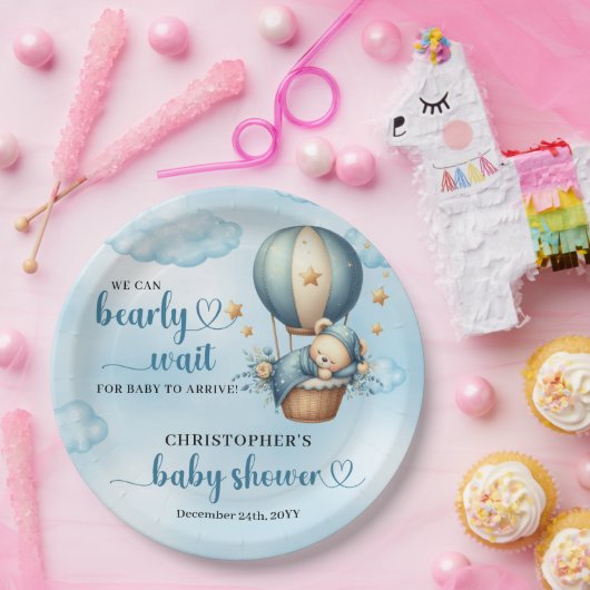 寝てぬいぐるみ男の子赤ちゃんシャワー心待ち ペーパープレート (パーティー)