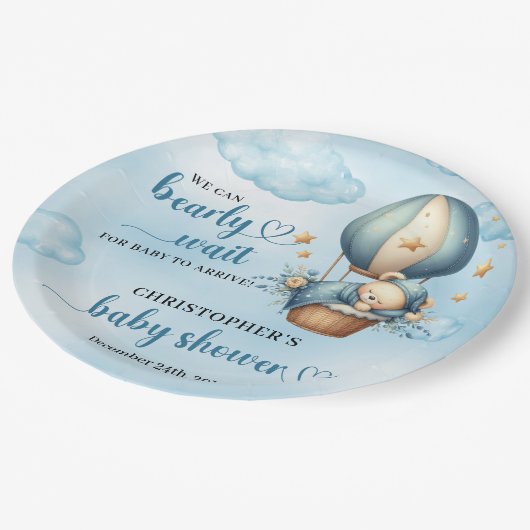 寝てぬいぐるみ男の子赤ちゃんシャワー心待ち ペーパープレート (アングル)