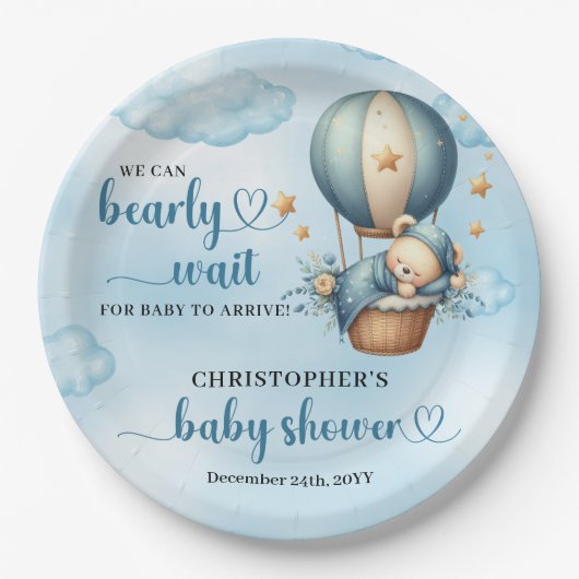 寝てぬいぐるみ男の子赤ちゃんシャワー心待ち ペーパープレート (正面)