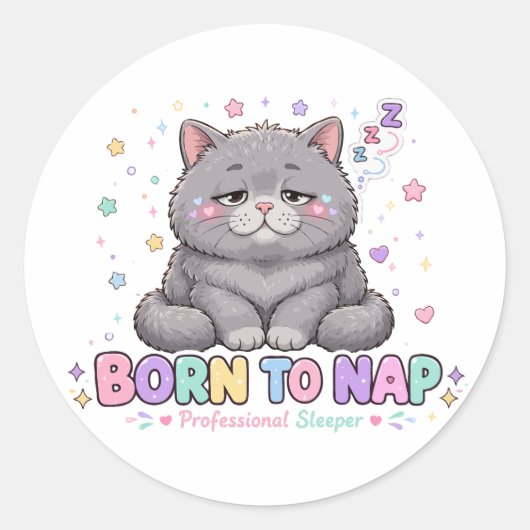 寝るために生まれた かわいい猫 ラウンドシール (正面)