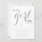 寝坊の女の子シャワーグレーミニマルタイポグラフィ 招待状 (正面)