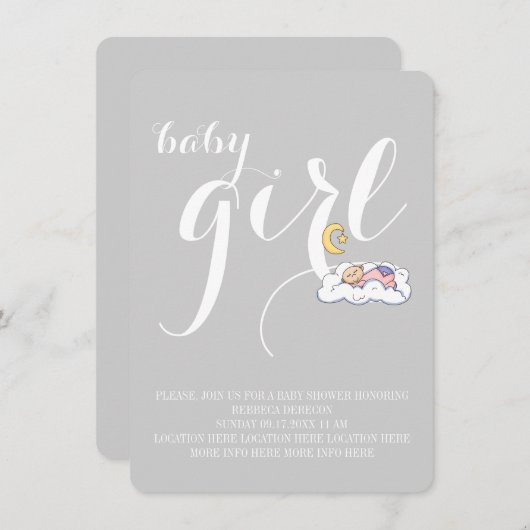 寝坊ガールシャワーエレガント文字ミニマル 招待状 (正面/裏面)