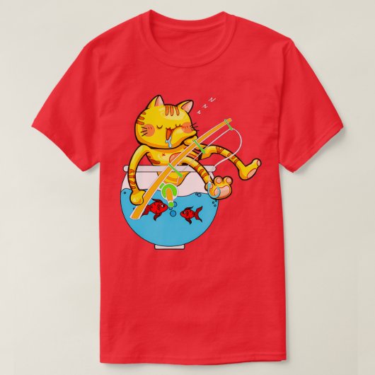 寝猫水族館魚鉢魚釣りポールペットL Tシャツ (デザイン正面)