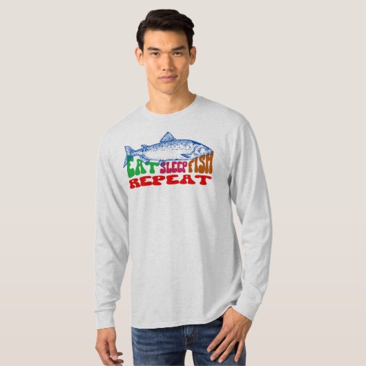 寝魚食べ繰り返しシャツ魚釣り釣り人ギフト Tシャツ (正面フル)
