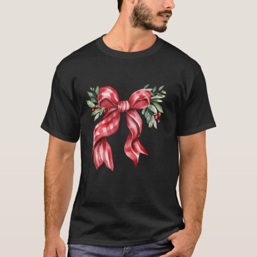 審美的なクリスマスフローラ赤い格子柄の弓ミスタントー Tシャツ (正面)