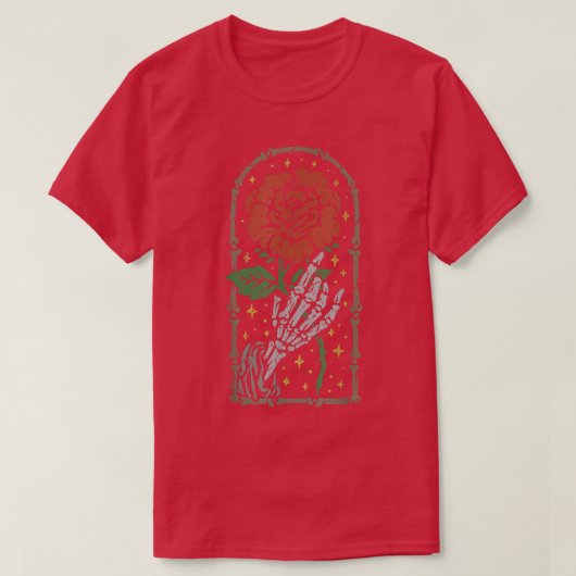 審美的なバラ白いスケルトンの手を持って赤R Tシャツ (デザイン正面)