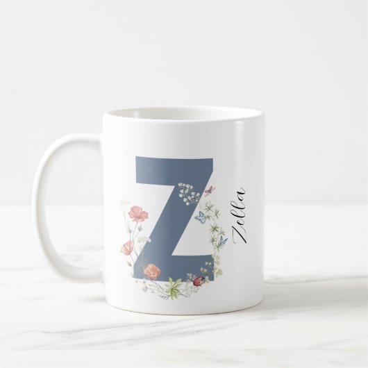 審美的な水の色のフローラ文字Zモノグラム コーヒーマグカップ (左)