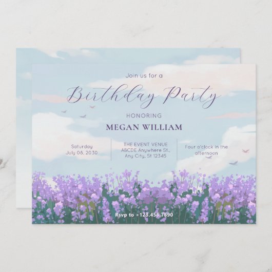 審美的な青空の花の春誕生日 招待状 (正面/裏面)