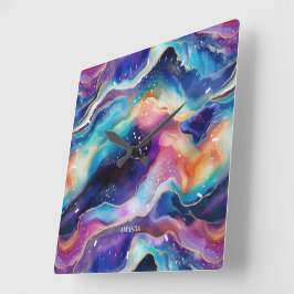 審美的カラフルレインボーグリッターゲート スクエア壁時計