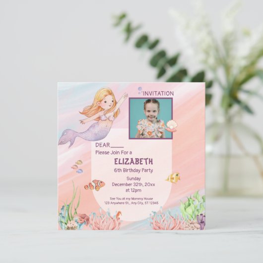 審美的ピンクウォーターカラーマーメイド誕生日カード サンキューカード (スタンド正面)