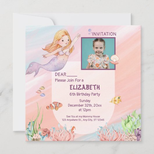 審美的ピンクウォーターカラーマーメイド誕生日カード サンキューカード (正面)