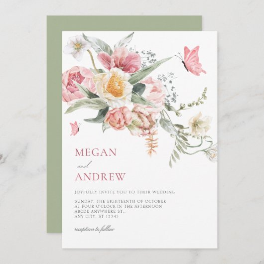 審美的フローラパステル水結婚色 招待状 (正面/裏面)