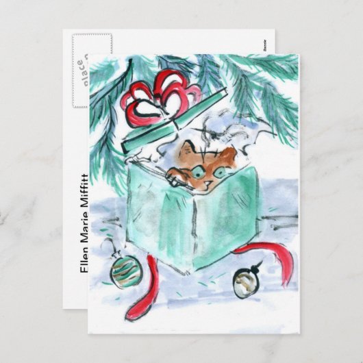 寸断されたクリスマスプレゼント箱の子ネコ シーズンポストカード (正面/裏面)