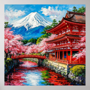 寺と伝統的さくらんぼ開花 ポスター