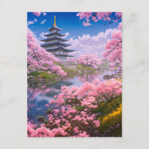 寺と威厳のあるさくらんぼの花 ポストカード