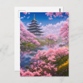 寺と威厳のあるさくらんぼの花 ポストカード (正面/裏面)