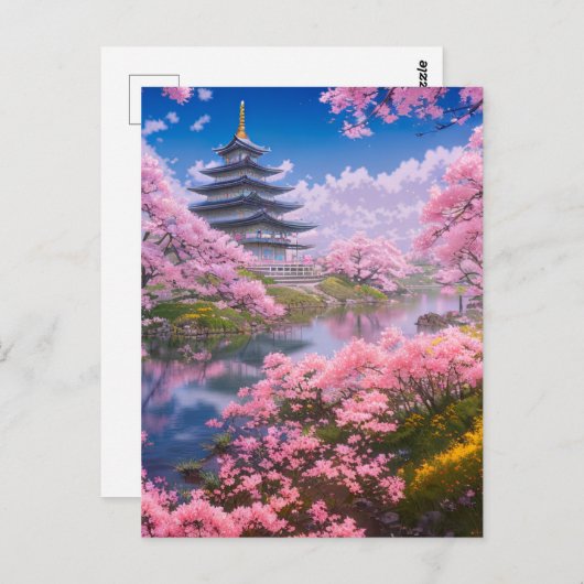 寺と威厳のあるさくらんぼの花 ポストカード (正面/裏面)